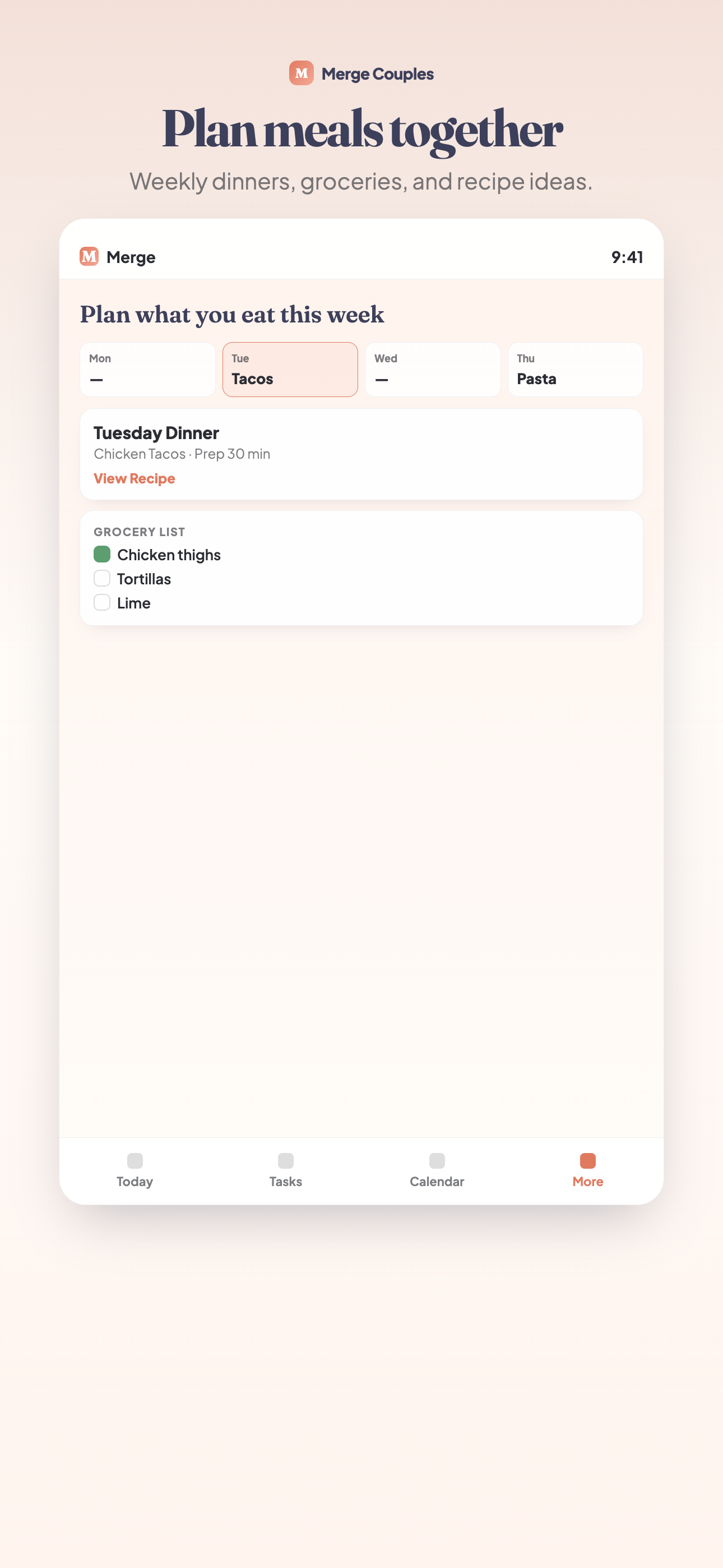 Merge Meals screen